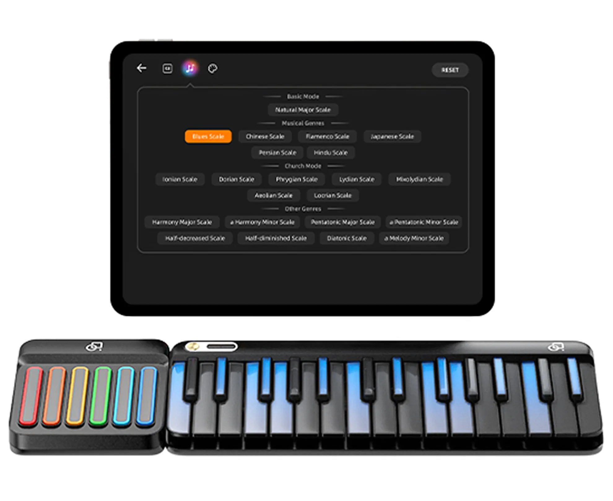 PopuPiano lights up to show different musical scales from around the world — like Chinese, Japanese, Blues, or Flamenco. As kids play along, they not only learn finger positions, but also discover the unique moods and colors of global music styles.