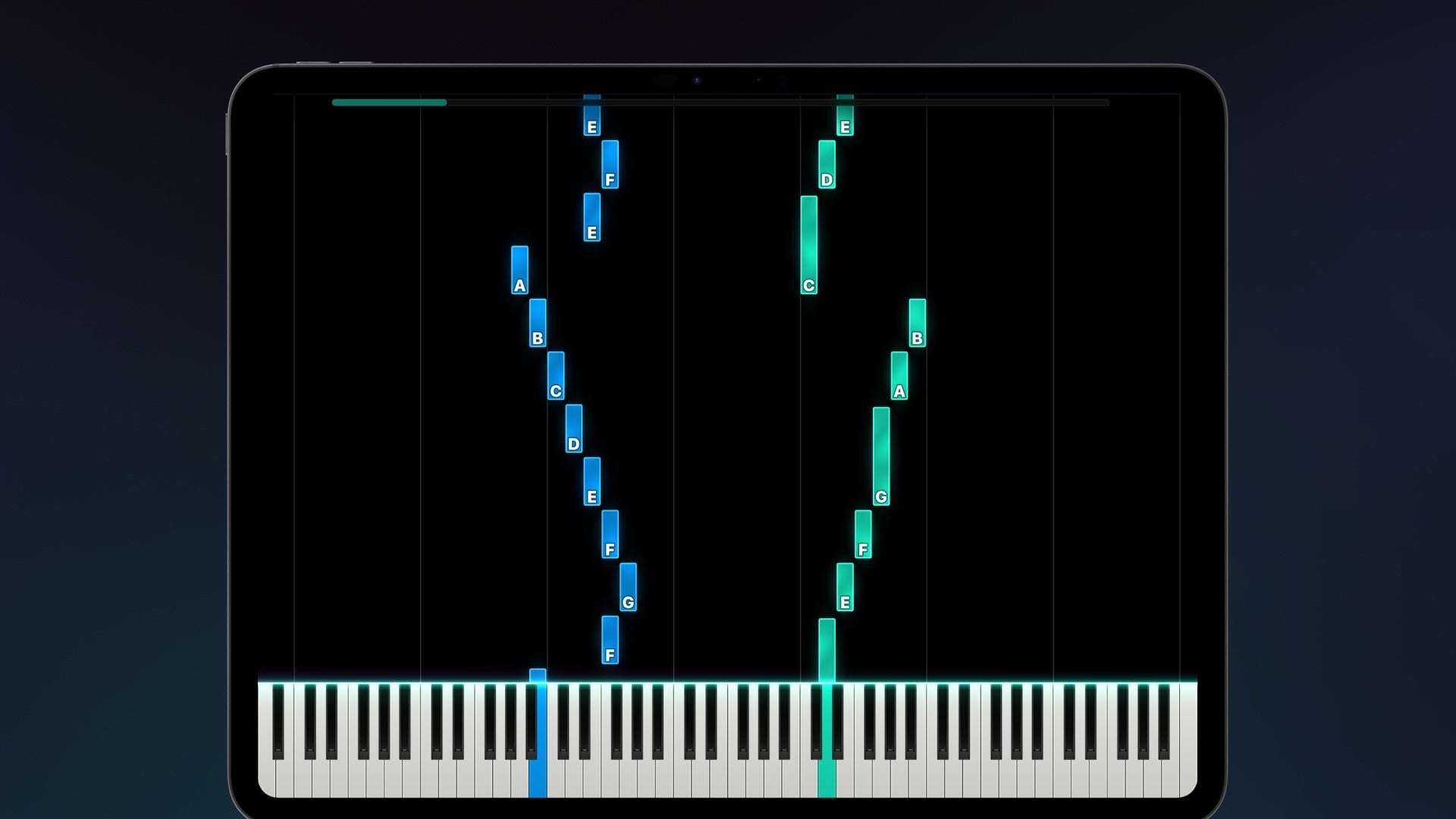 Anything Piano interactive tutorial showing notes falling toward a virtual piano keyboard